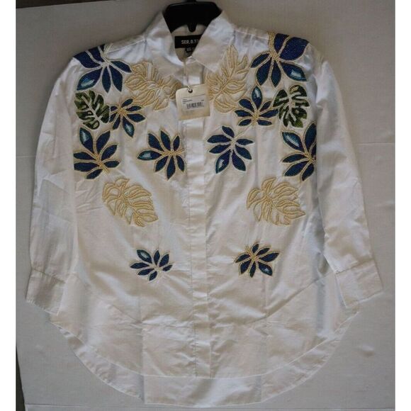 SER.O.YA Women Sz 2XS White Oversized Embellished Beaded Button-Up L/S Shirt - Picture 12 of 13